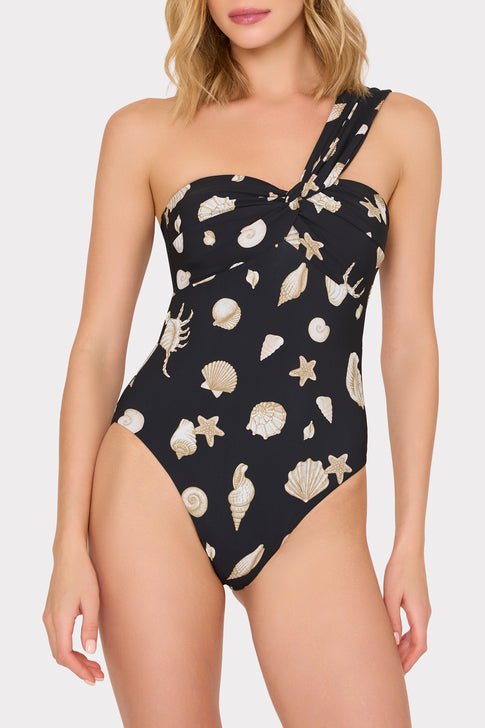 MILLY Betsy One Piece with Seashell Pattern - One Shoulder Style on Model | MILLY