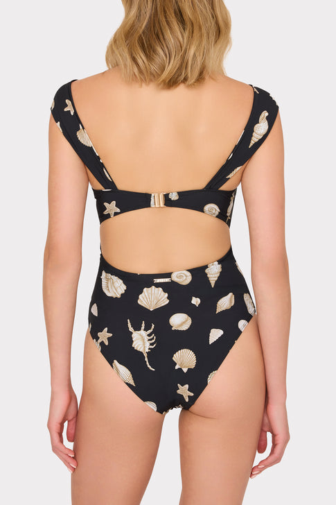 Black Designer One Piece with Seashell Pattern - Back View Cutout Detail | MILLY