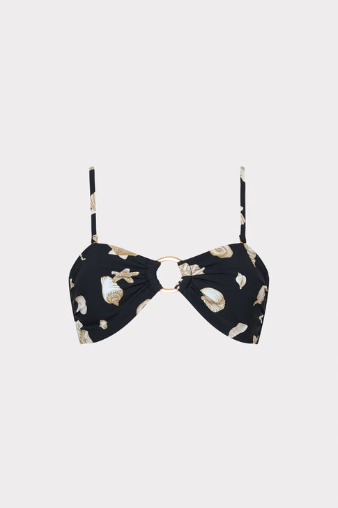 Black Designer Bikini Top with Seashell Pattern & O-Ring Detail - Flat Lay | MILLY