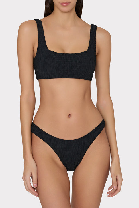 Black Smocked Bikini Bottom - On Model Front | MILLY