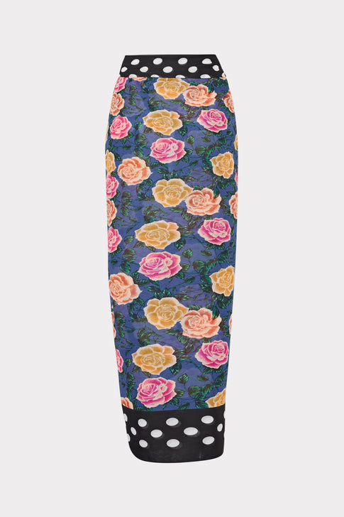 Blue Climbing Rose Print Sarong with Black Polka Dot Border - Flat Lay | MILLY