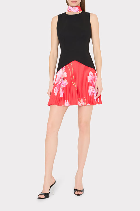 Black Sleeveless Top with Red Floral Pleated Skirt - On Model Front View | MILLY