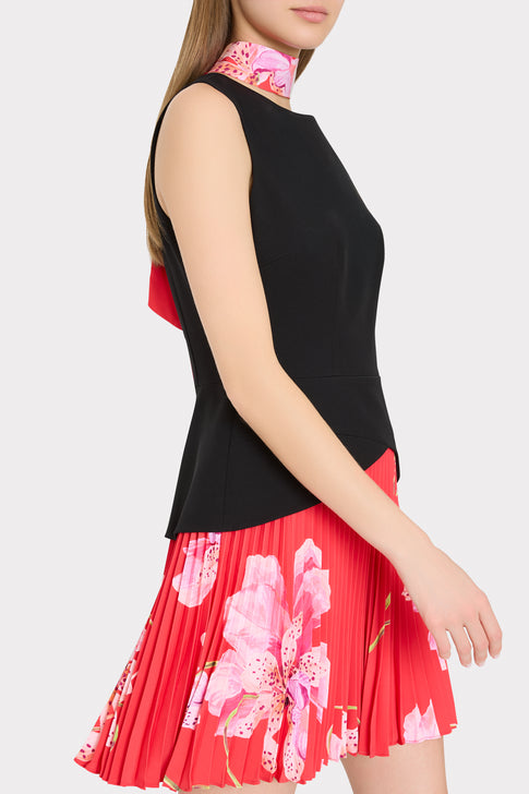 Black Top with Red Floral Skirt and Designer Scarf - On Model Side View | MILLY