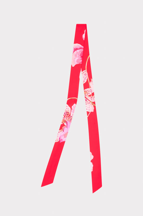 Lipstick Red Faille Twiggy Scarf with Pink Floral Design - Flat Lay | MILLY