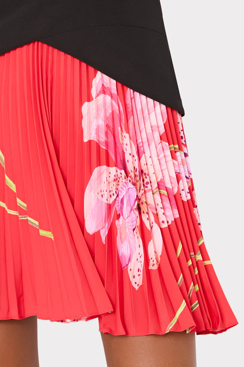 Red Chiffon Pleated Skirt with Pink Floral Pattern Detail - Close Up | MILLY