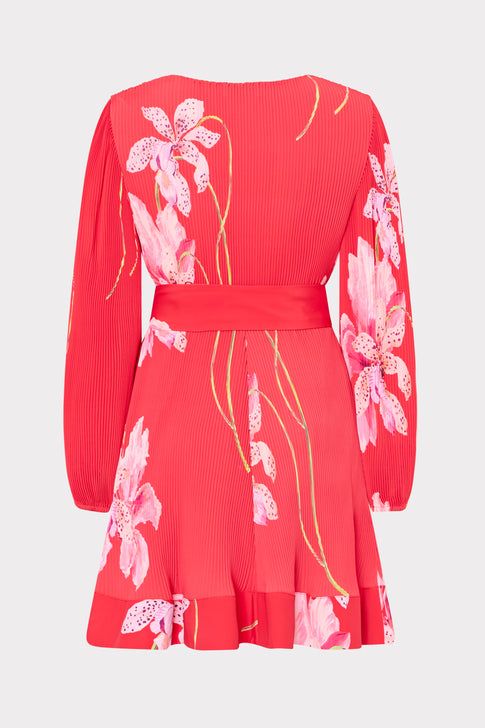 Red Designer Pleated Mini Dress with Floral Pattern - Flat Lay View | MILLY