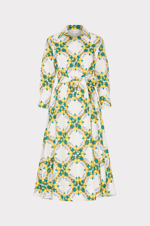 MILLY Lexi Yellow Multi Lemon Print Midi Dress - Flat Lay | MILLY