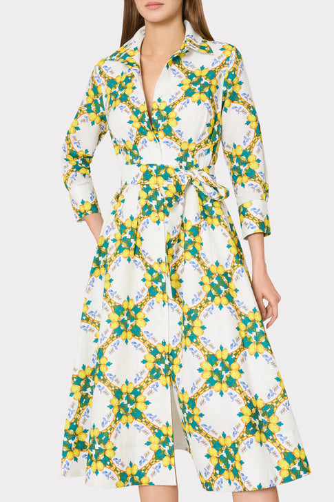 Milly Lexi Lemon Lattice Tie-Waist Midi-Dress - Yellow Multi