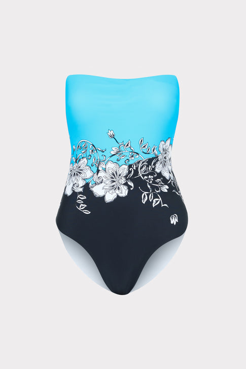 Turquoise to Navy Gradient Designer Floral One Piece - Strapless Bandeau Style | MILLY