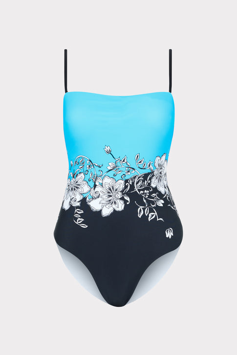 Turquoise to Navy Floral One Piece Swimsuit - Adjustable Straps Detail | MILLY