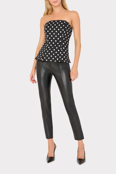 Black & White Polka Dot Strapless Top - On Model Front View, Styled with Leather Pants | MILLY