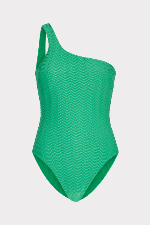 Joni Textured Chevron One Shoulder One Piece Green Image 1 of 4