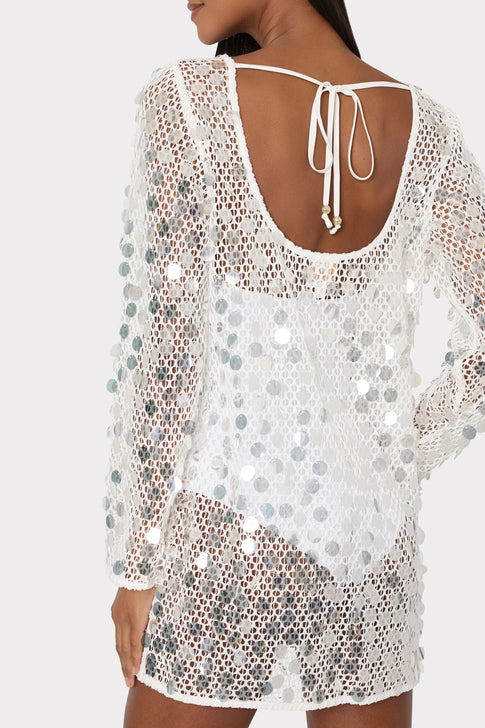 White Crochet Pailette Cover-Up with Open Back Tie Detail - On Model | MILLY
