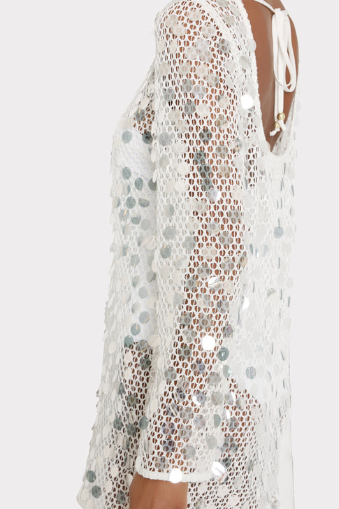 White Crochet Pailette Long Sleeve Cover-Up - Side Profile | MILLY