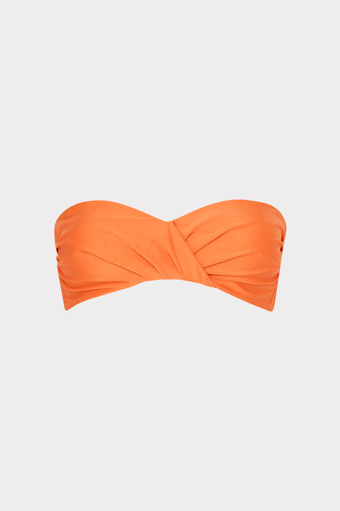 Orange bandeau bikini top on a light gray background