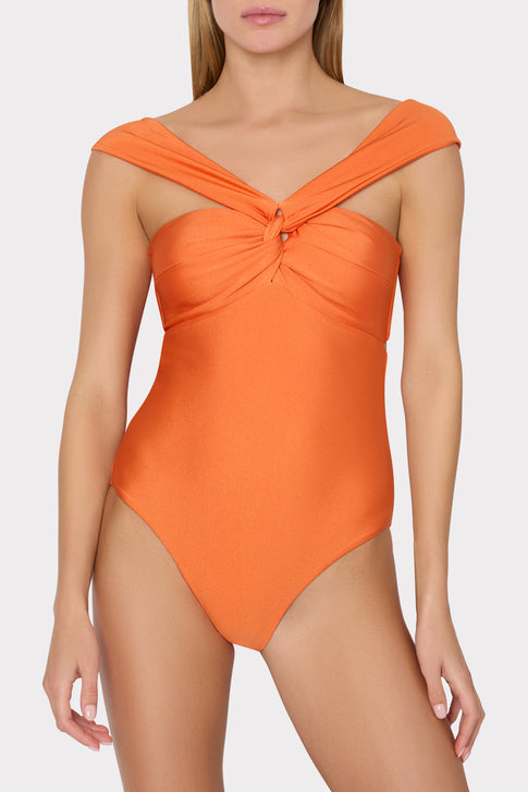 Orange Bandeau Swimsuit with Twisted Strap Detail worn by Model | MILLY