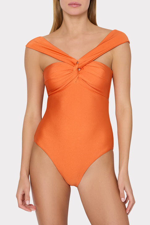 Orange Elegant One-Piece Swimsuit with Off-Shoulder Straps - Front View | MILLY