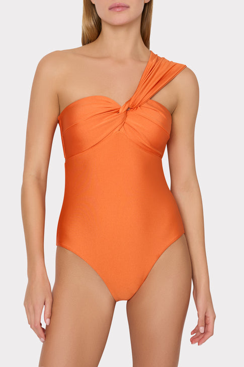 Orange Designer One-Shoulder Swimsuit worn by Model - Front View | MILLY