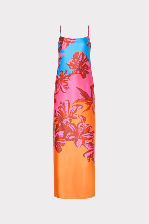 MILLY Lily Sunset Flower Printed Satin Maxi Dress - Multi Ombre Flat Lay | MILLY