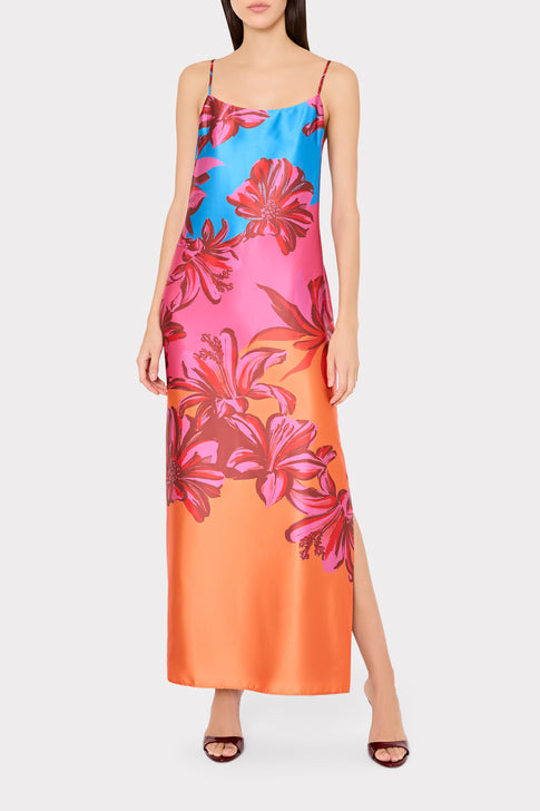 Multi Sunset Floral Satin Maxi Dress - Front View On Model | MILLY