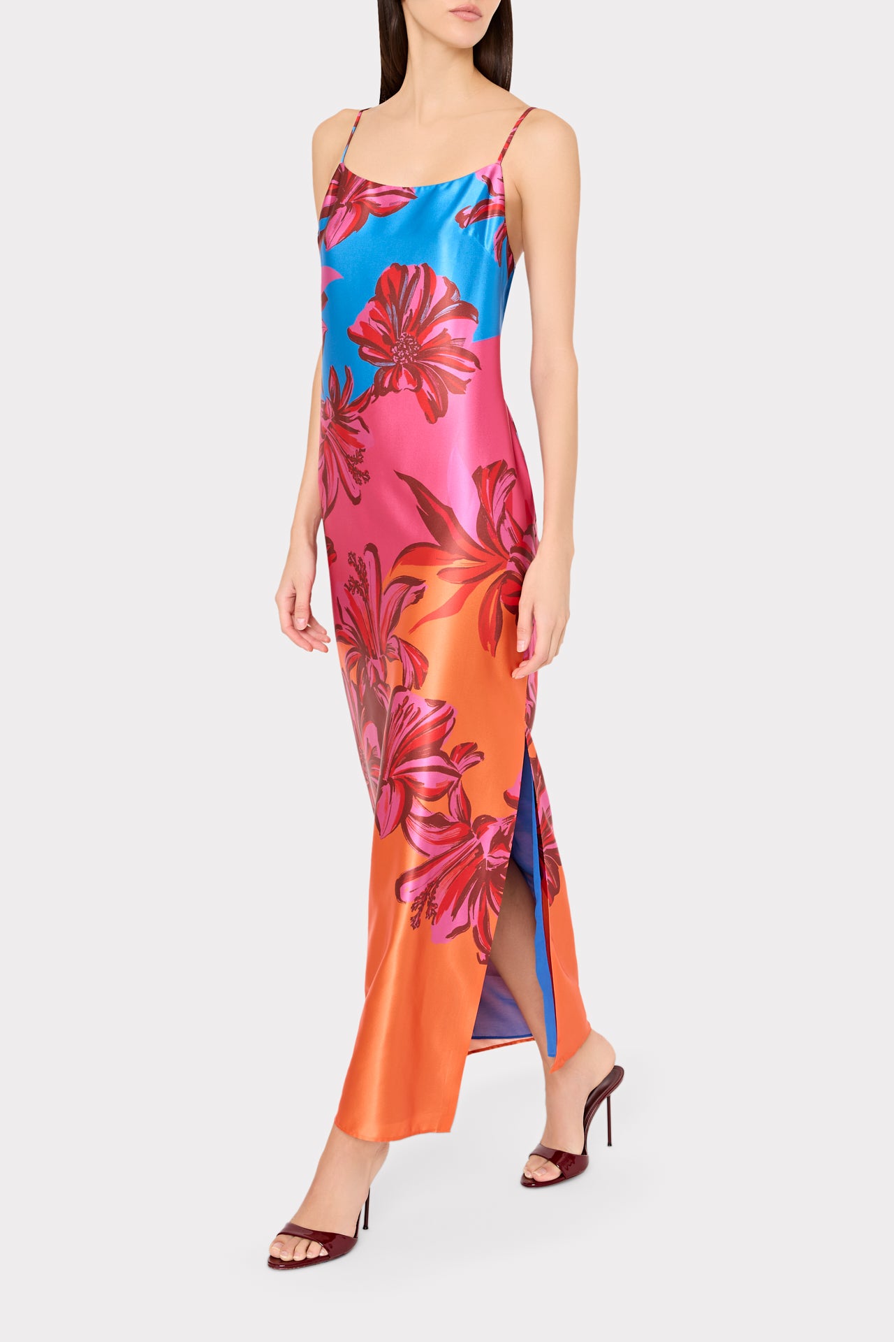 Lily Sunset Flower Printed Satin Maxi Dress in Multi | MILLY Lily Sunset Flower Printed Satin Maxi Dress in Multi | MILLY