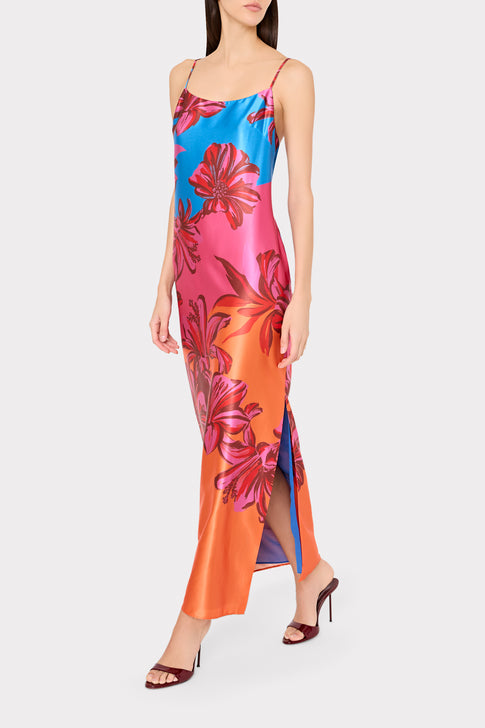 Multi Sunset Floral Satin Maxi Dress - Side View On Model | MILLY
