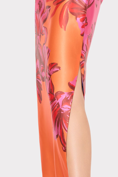 Sunset Floral Satin Maxi Dress - Side Slit Detail View | MILLY
