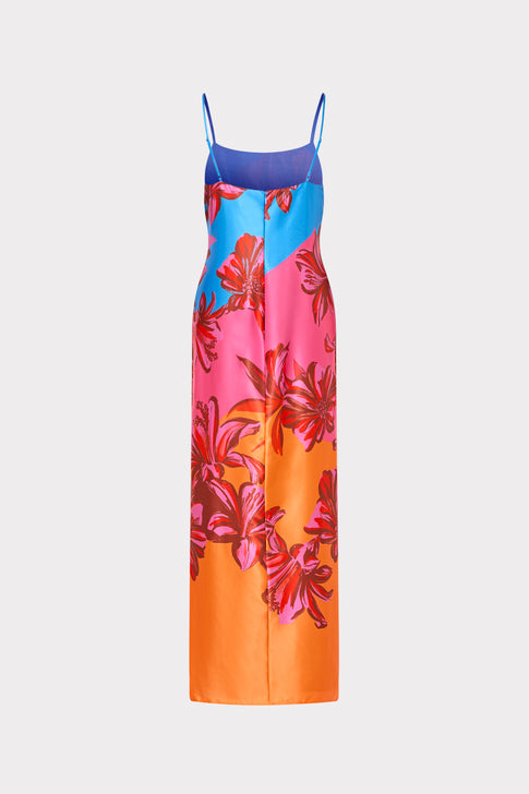 Multi Sunset Floral Satin Maxi Dress - Back View Flat Lay | MILLY