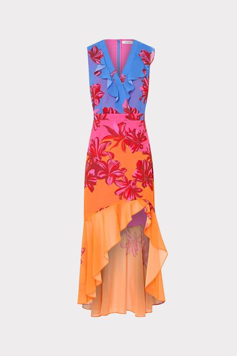 Colorful floral dress with a high-low hem on a white background