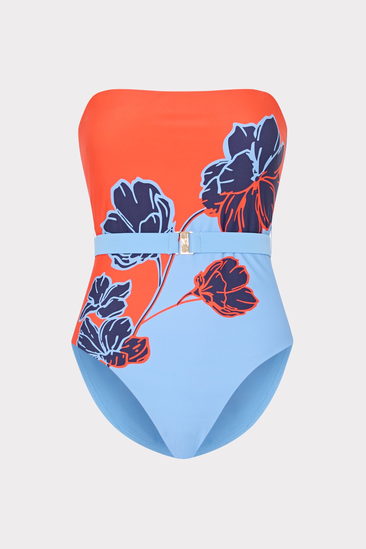 Orange & Blue Floral Strapless One-Piece Swimsuit with Belt Detail - Flat Lay | MILLY