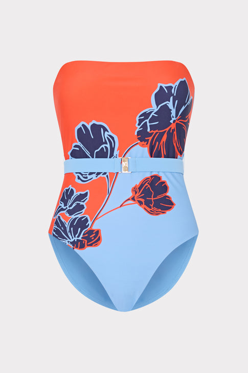 Orange & Blue Floral Strapless One-Piece Swimsuit with Belt Detail - Flat Lay | MILLY