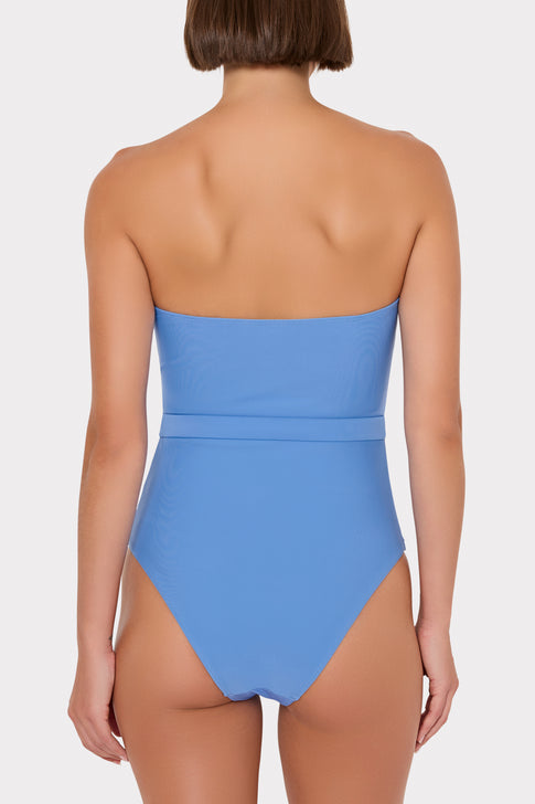 Model wearing blue designer one-piece swimsuit - Back View | MILLY