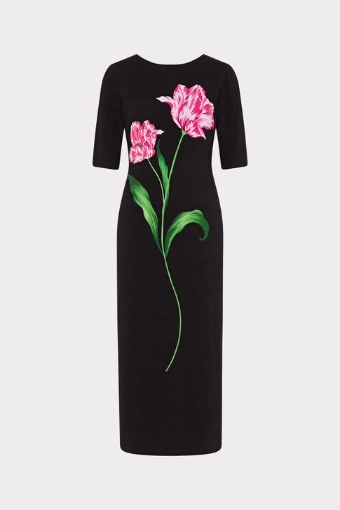 Black Jersey Midi Dress with Pink Tulip Floral Design - Flat Lay | MILLY