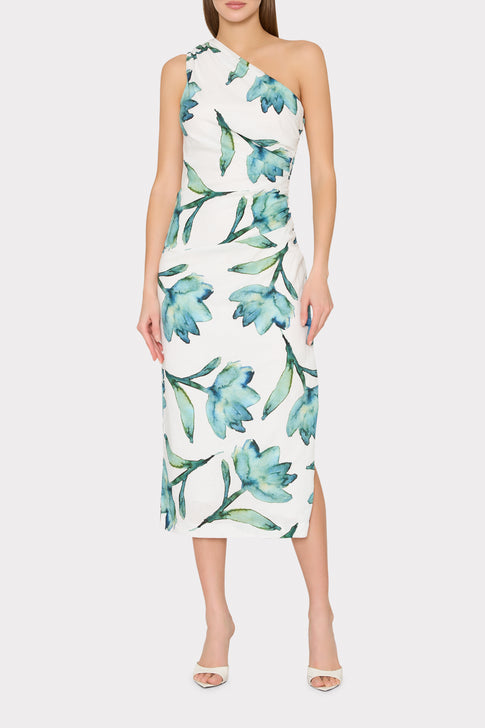 Designer One-Shoulder Dress with Blue Floral Print - Side View | MILLY