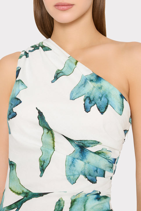 One-shoulder dress with blue floral pattern - Bodice Detail | MILLY