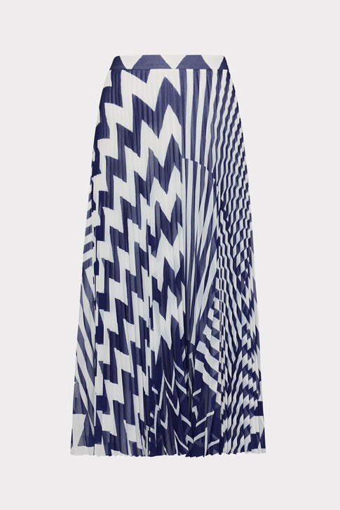 Otha Patchwork Chevron Pleated Skirt Blue/White Image 1 of 4