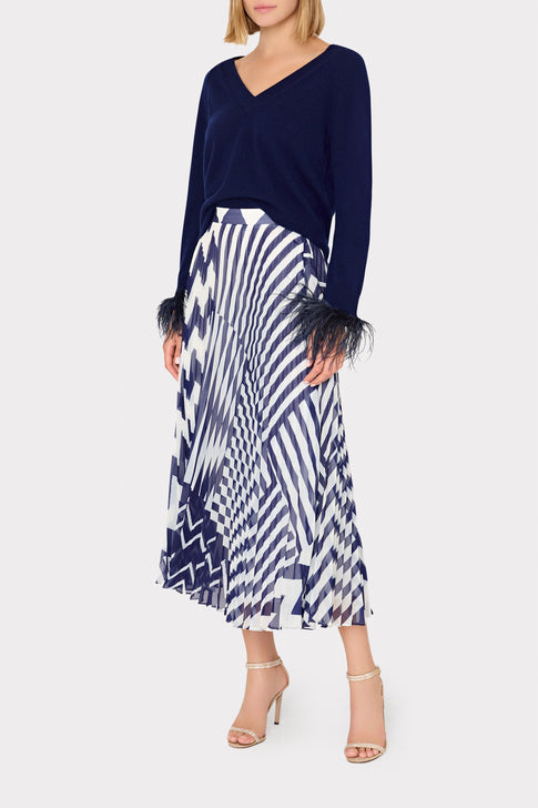 Otha Patchwork Chevron Pleated Skirt Blue/White Image 2 of 4