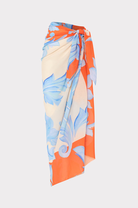 Orange Multi Canopee Printed Sarong with Elegant Blue Scrollwork - Flat Lay | MILLY