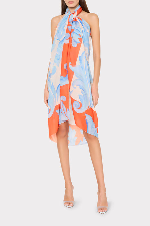 Model wearing Orange Multi Canopee Sarong as Designer Halter Cover-Up - Front View | MILLY