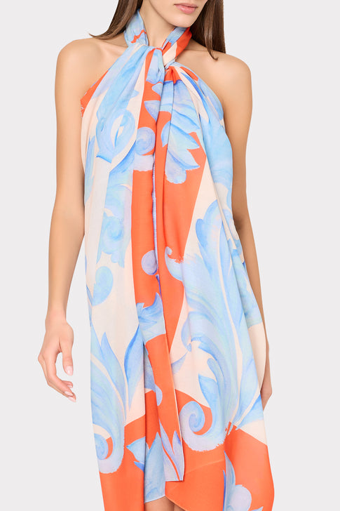 Model wearing Orange Multi Canopee Sarong as Elegant Halter Cover-Up - Close-Up Detail | MILLY