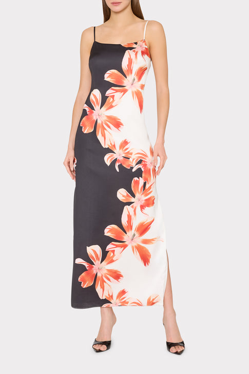Designer Lily Tropical Flame Slip Dress with Orange Floral Pattern - Front View on Model | MILLY