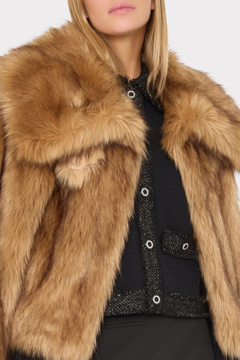 Light Brown Designer Faux Fur Jacket - Open Front Layering Detail On Model | MILLY