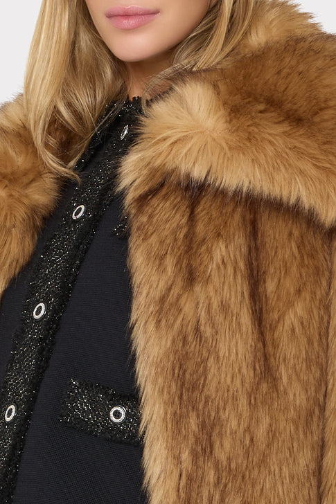 Light Brown Faux Fur Jacket - Side Lapel and Layering Detail On Model | MILLY