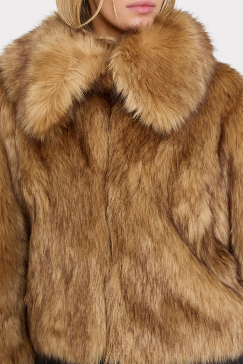 Light Brown Faux Fur Jacket - Close-Up Collar and Texture Detail On Model | MILLY
