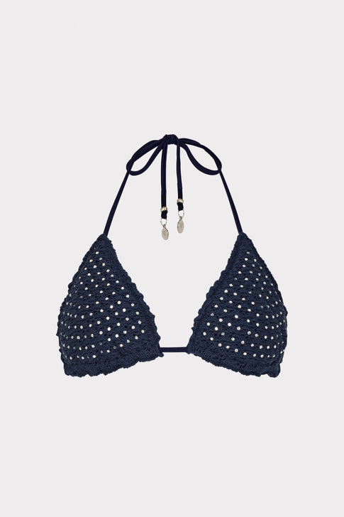 Glimmer Crochet Bikini Top With Crystal Applique Navy Image 1 of 4