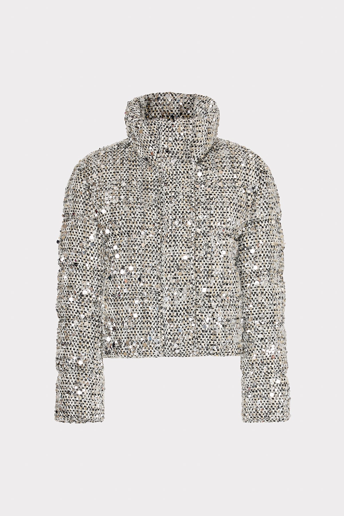 Black Multi Sequin Tweed Puffer Jacket with sequin details - Front View | MILLY