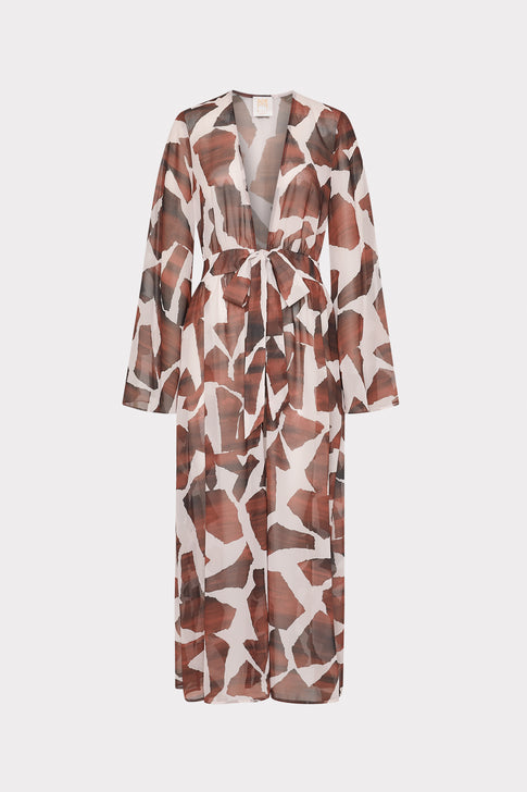 Vince Ocean Puzzle Chiffon Cover-Up Dress Brown Multi Image 1 of 5
