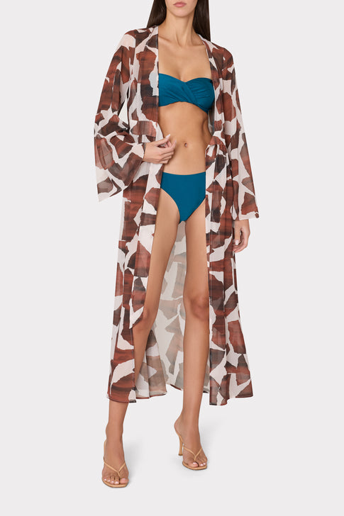 Vince Ocean Puzzle Chiffon Cover-Up Dress Brown Multi Image 2 of 5