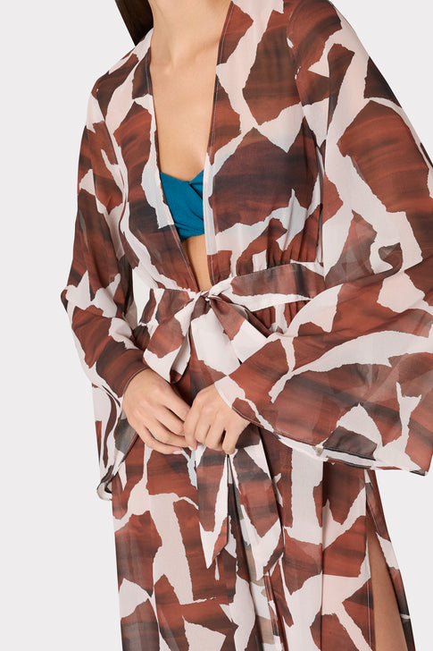 Vince Ocean Puzzle Chiffon Cover-Up Dress Brown Multi Image 3 of 5