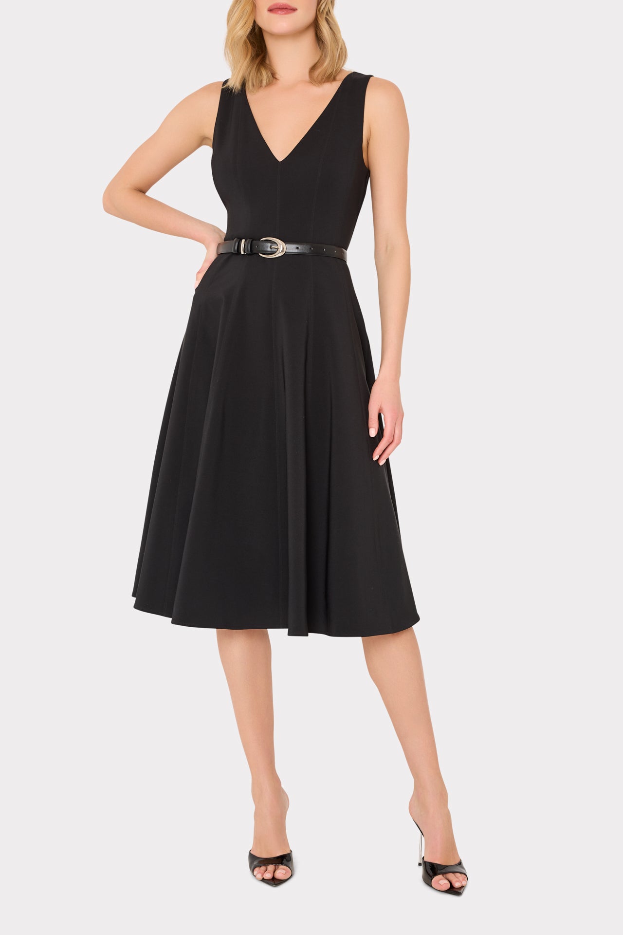 slim fit dress slacks Linda Stretch Cady Midi Fit And Flare in Black